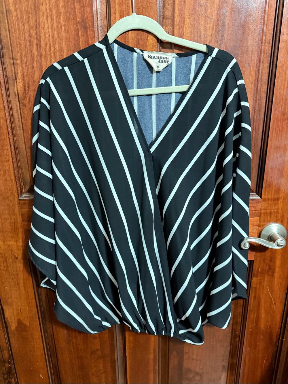 Savanna Jane Black & White Striped wrap style Blouse Size 1X